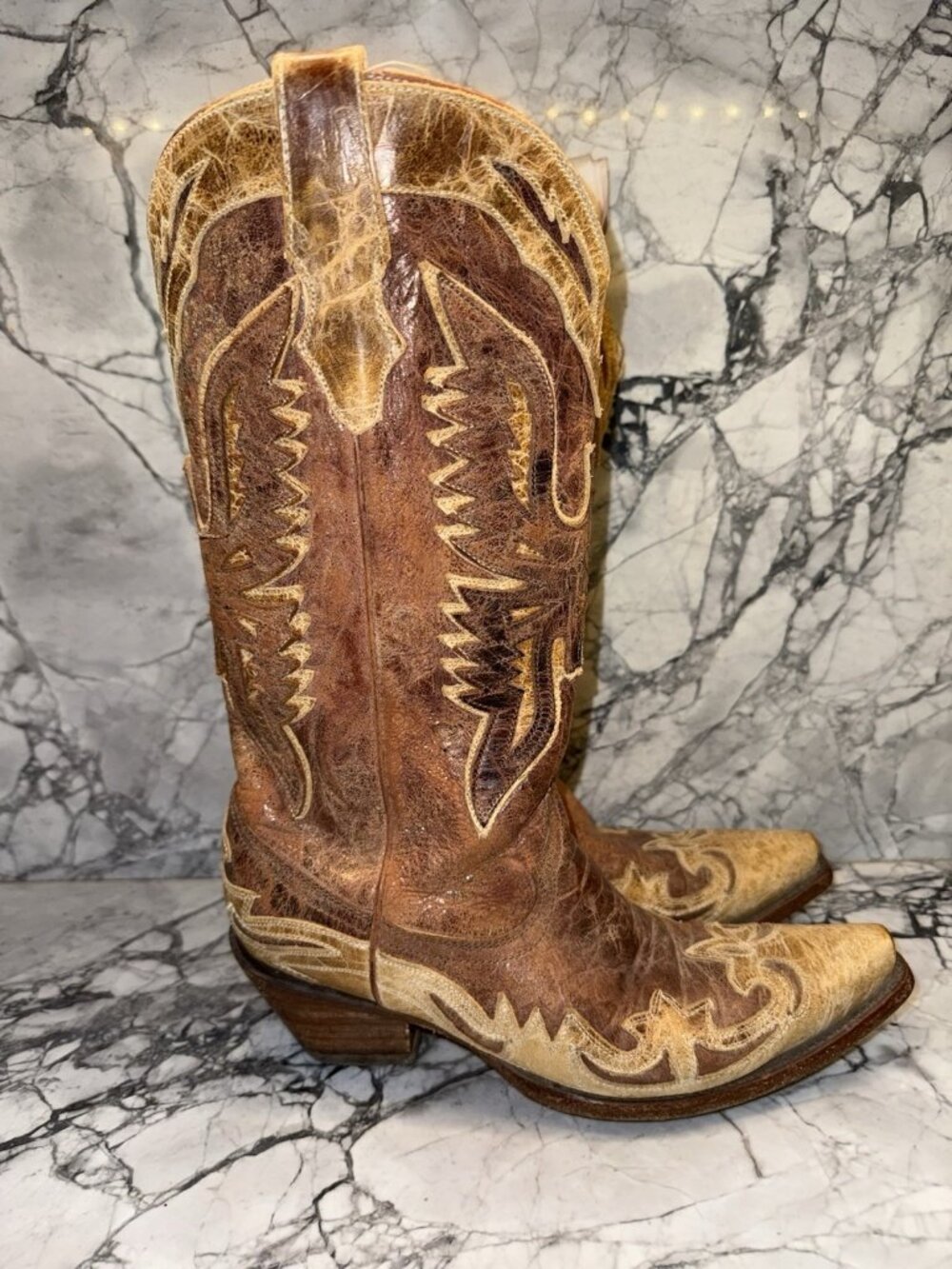 Corral Boots Women's 9M Brown Leather Distressed Eagle Overlay Western Boots